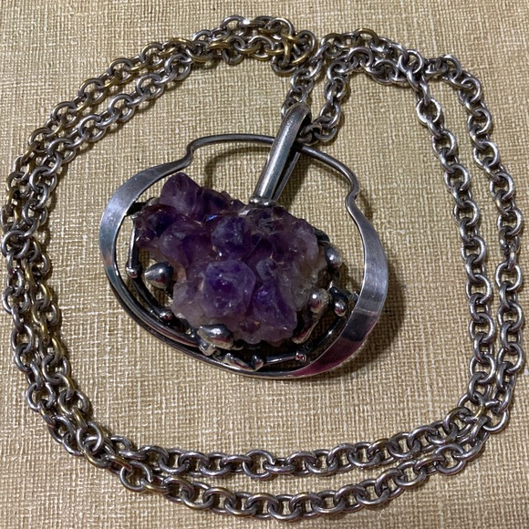 Vintage Natural Amethyst Cluster MCM Modernist Brutalist Pendant Necklace